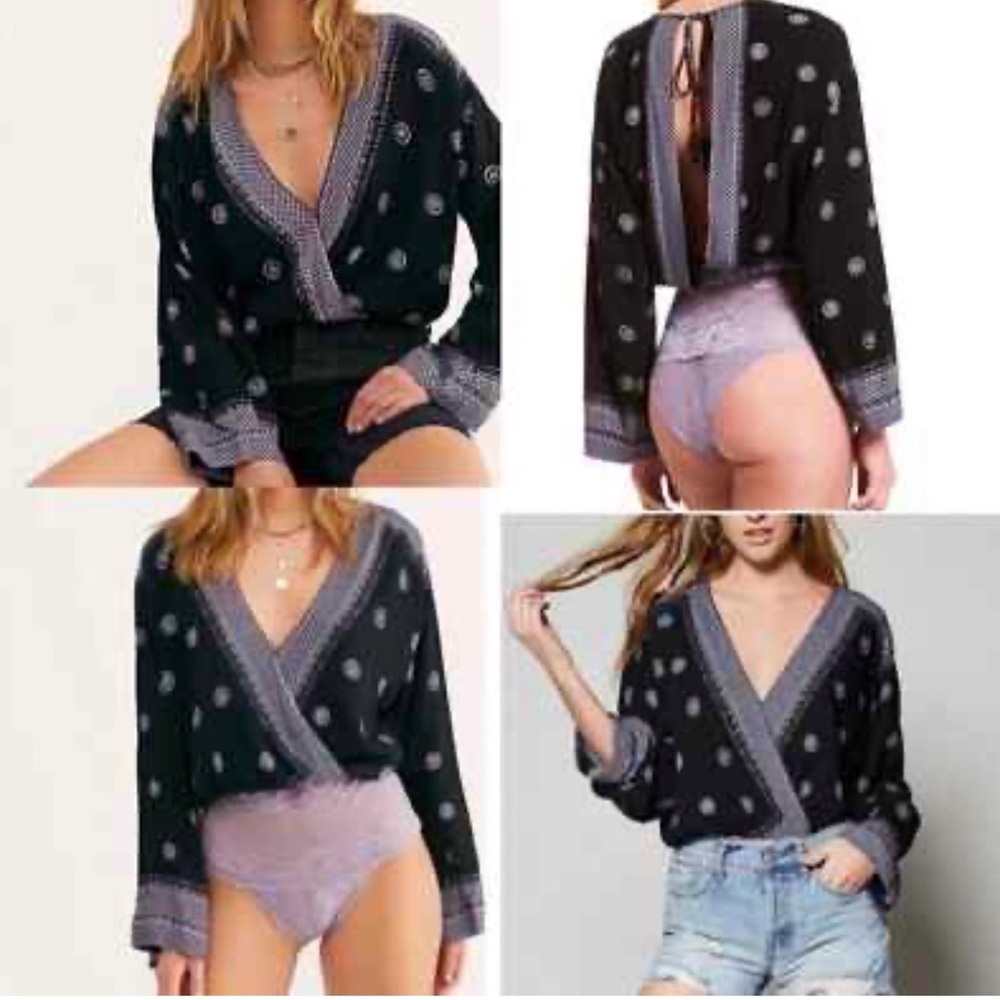 Free People On Board Printed V-Neck Lace Bodysuit size xs